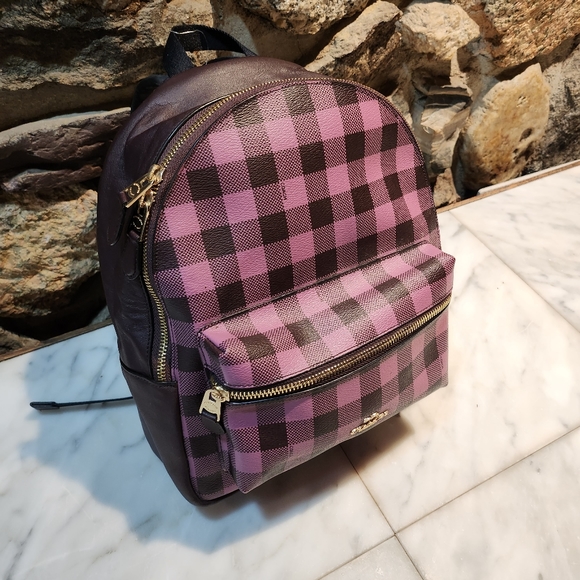 Coach Medium Charlie Backpack With Gingham Print - Picture 3 of 11